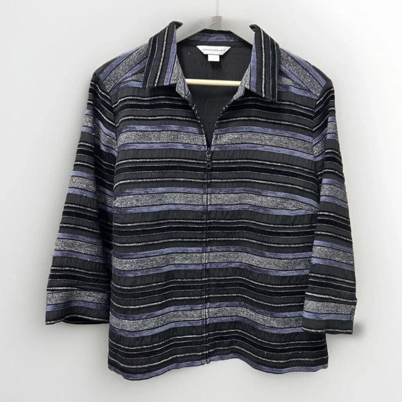 Christopher Banks Womens‎ Jacket L Black Zip Up 3/4 Sleeve Multicolor Stripe - Picture 1 of 9